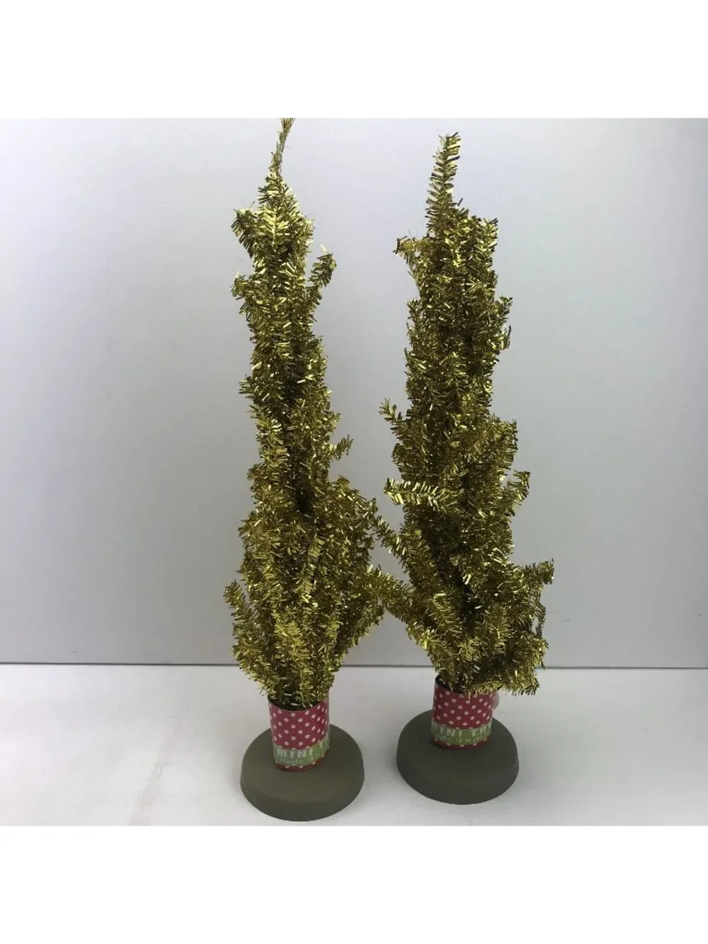 Set Of 2 Gold Tinsel Mini Christmas Trees With Polka Dot Base - 18 Inches